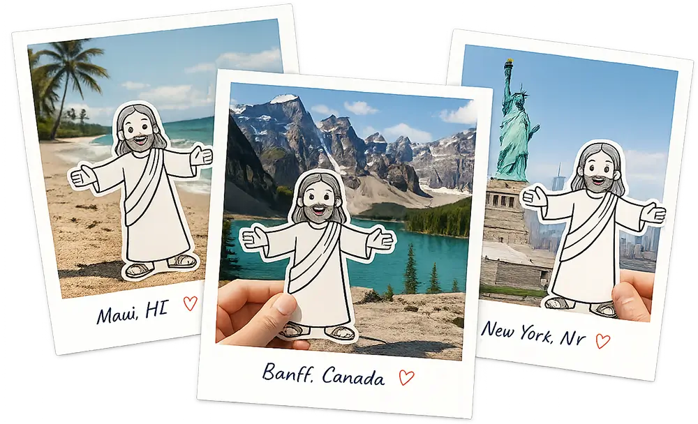 Three Polaroid photos of Flat Jesus visiting Maui HI, Banff Canada, and New York NY — showing how congregation members share summer travel photos.