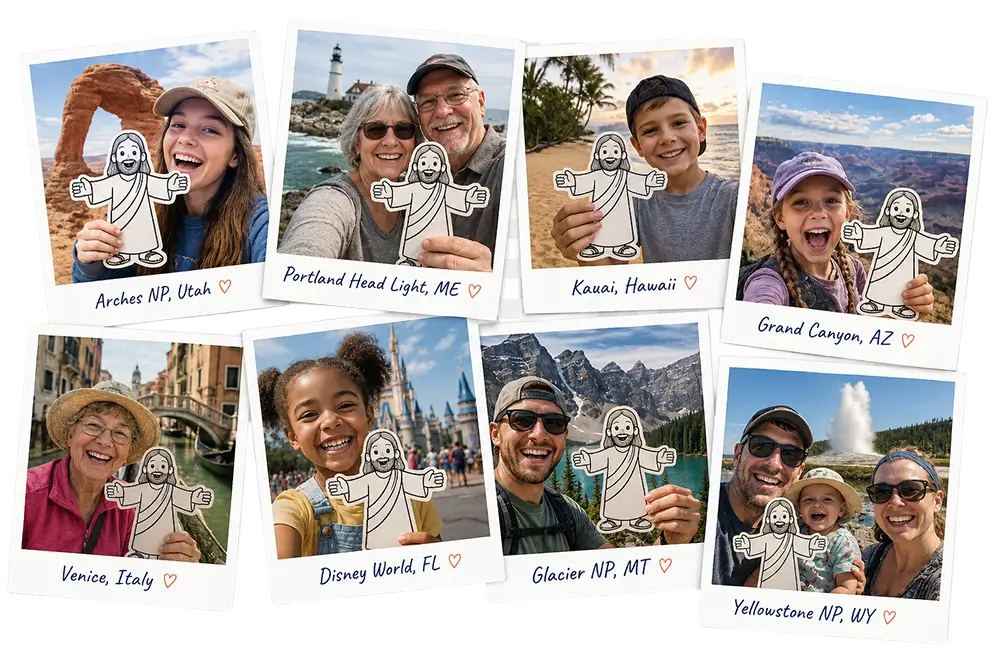 Eight Polaroid-style photos of congregation members holding Flat Jesus at locations including Arches NP, Kauai, Venice, Yellowstone, and more.