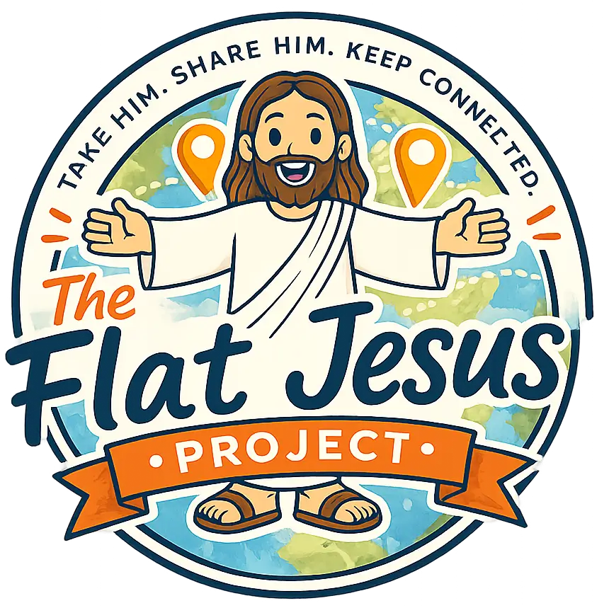 The Flat Jesus Project logo featuring a friendly cartoon Jesus with open arms over a world map and the tagline Take Him. Share Him. Keep Connected.